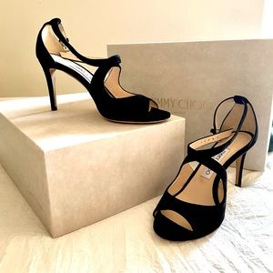 Jimmy Choo Emily 85mm Black Suede Strappy Heels